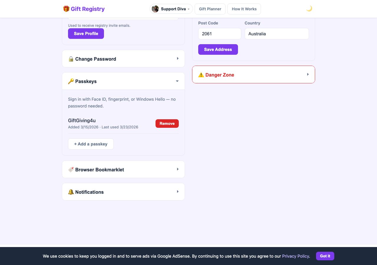 Account page showing the Passkeys section with an existing passkey registered and an Add a passkey button