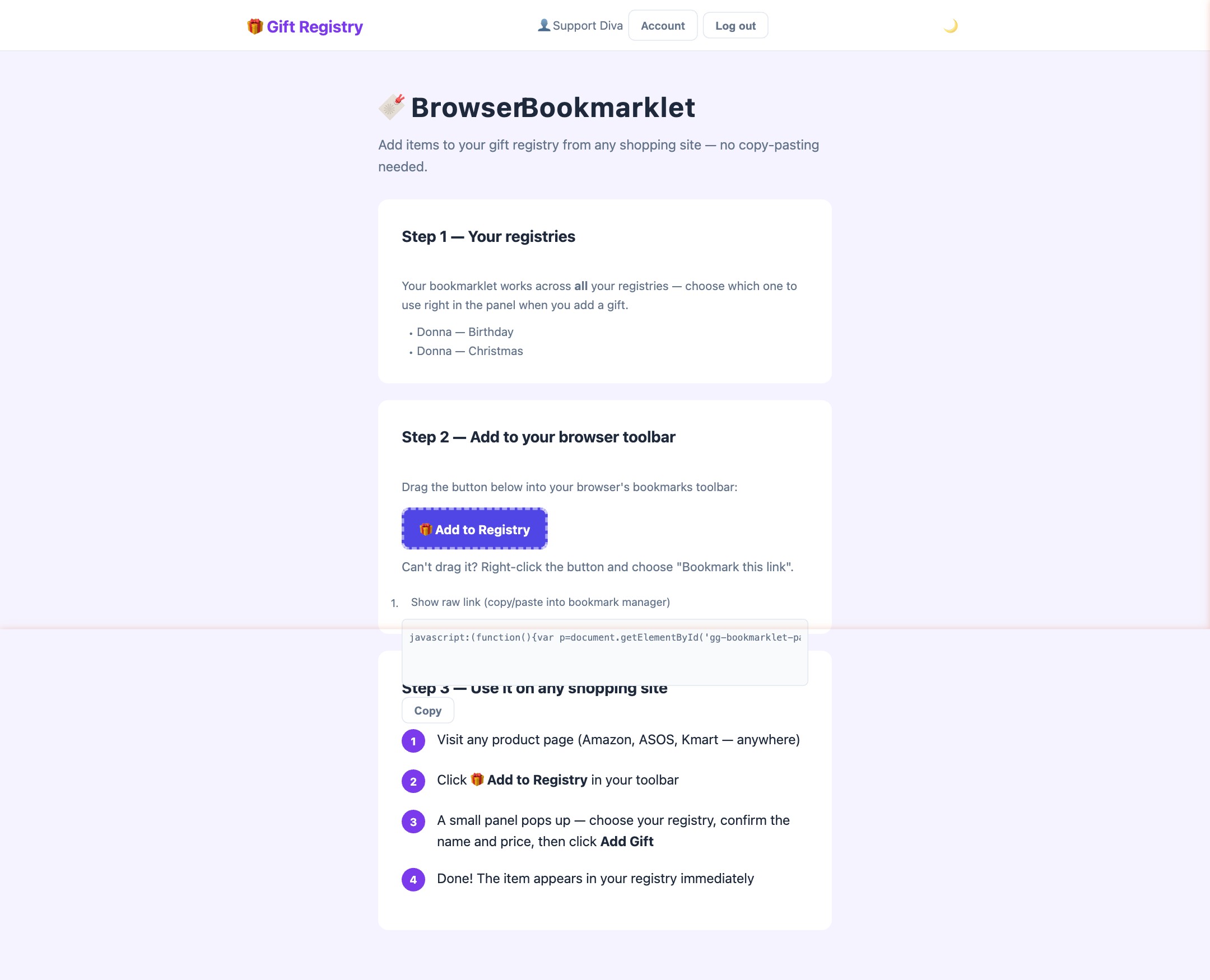 Bookmarklet setup page showing registry selector and drag-to-toolbar button