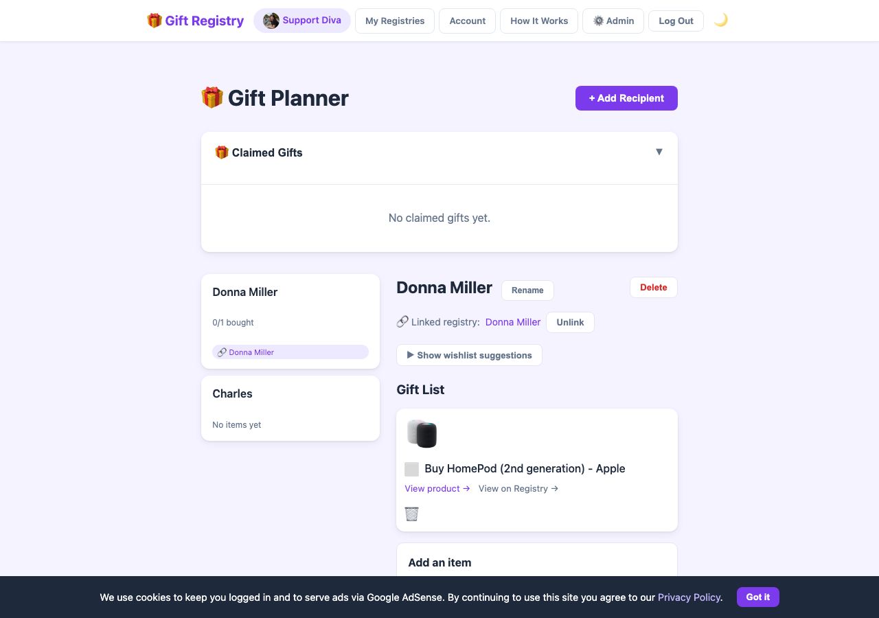 Gift Planner page showing recipient plans with linked registries and gift items to buy