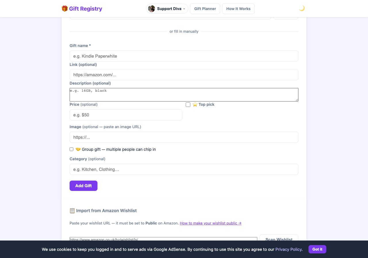 Add gift form showing the group gift checkbox option alongside fields for name, price, image, and category