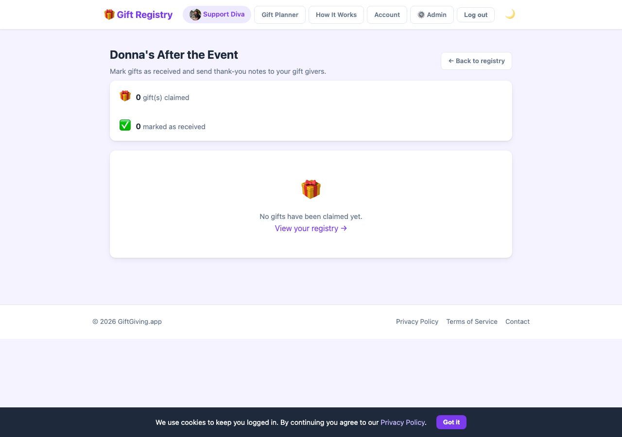 After the Event page showing summary bar with claimed and received counts
