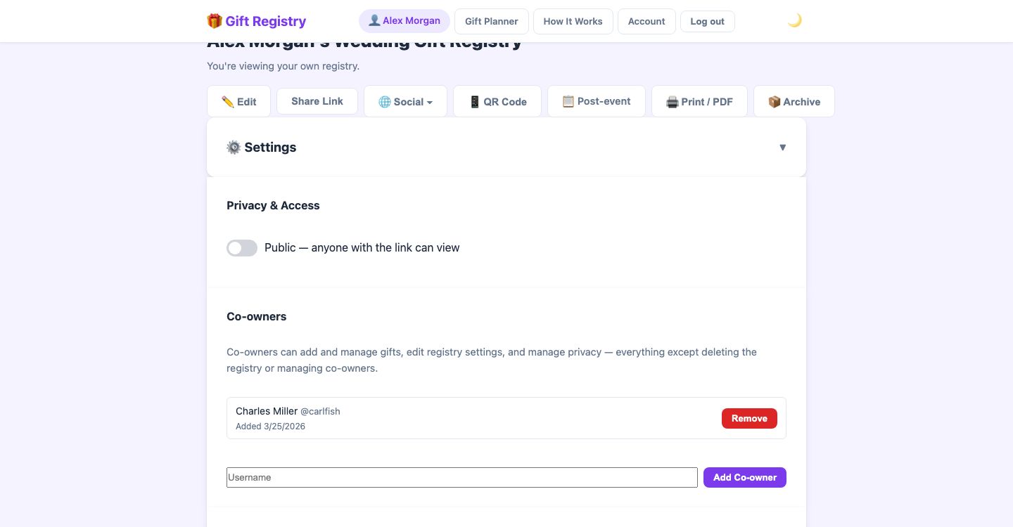 Registry settings showing Co-owners section with a co-owner listed and Add Co-owner field