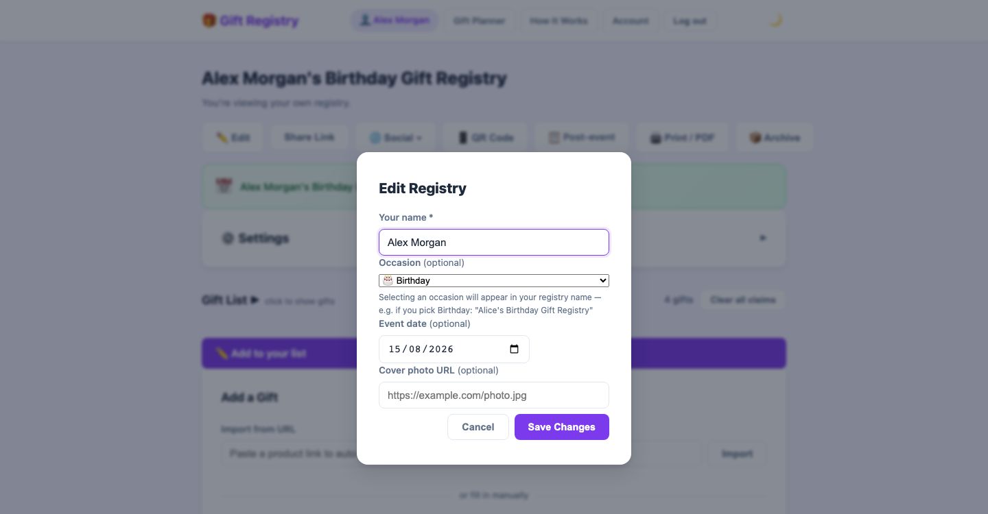 Edit Registry modal showing event date field set to a date in the future