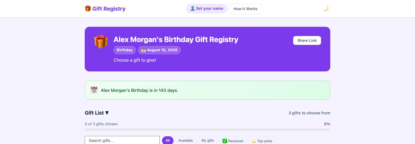 Guest view of a gift registry showing the purple registry header with event date badge and gift list