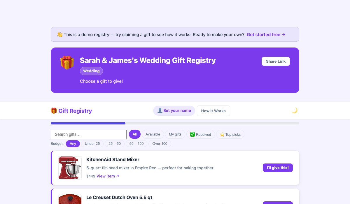Guest view of a registry showing gift cards with 'I'll give this!' buttons, progress bar, budget filter pills, and search box