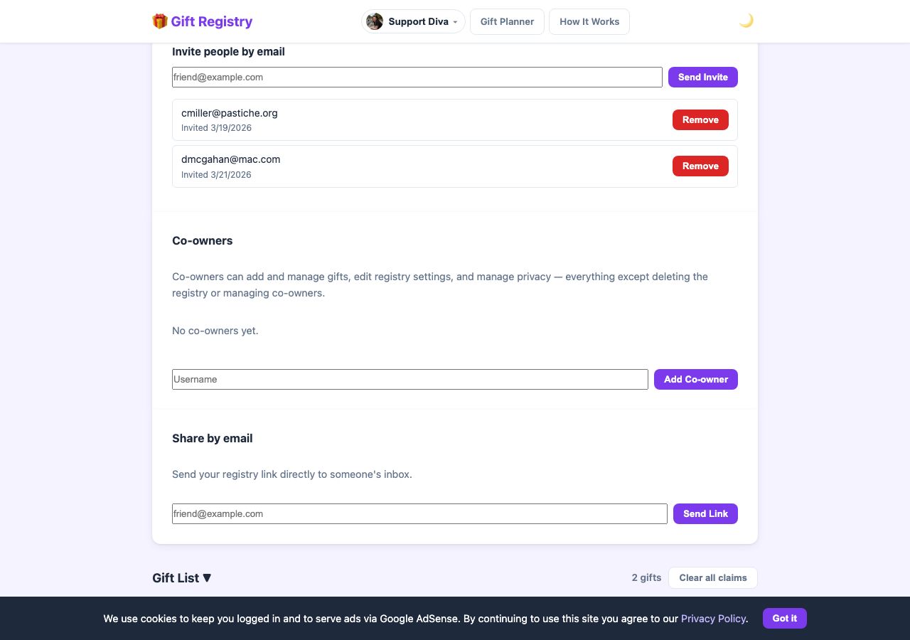 Registry settings panel showing Invite people by email field, existing invited guests, Co-owners section, and Share by email option