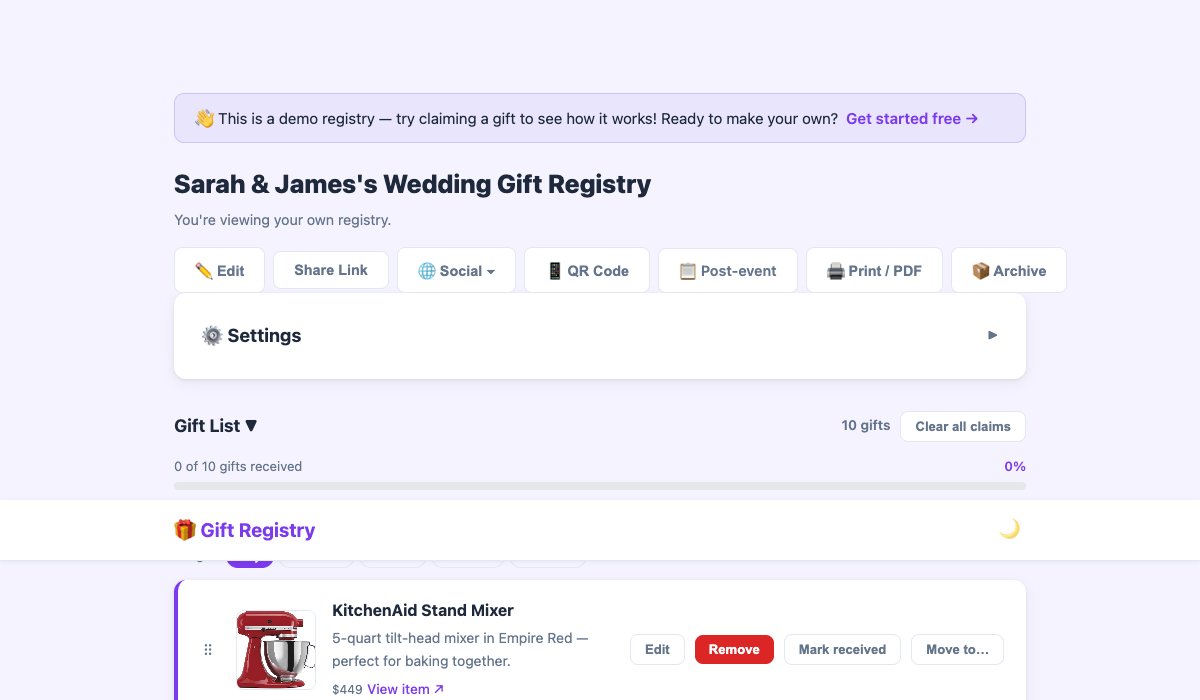 Owner gift card showing Edit, Remove, Mark received, and Move to... buttons alongside a drag handle for reordering