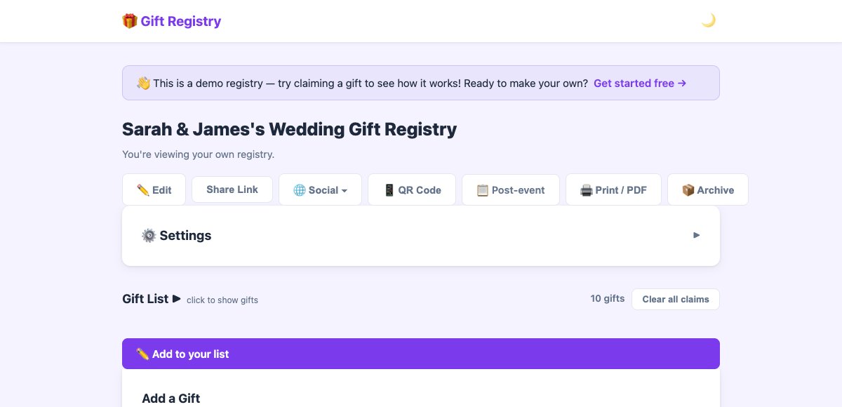 Owner view of a registry showing the toolbar with Edit, Share Link, Social, QR Code, Post-event, Print/PDF, and Archive buttons