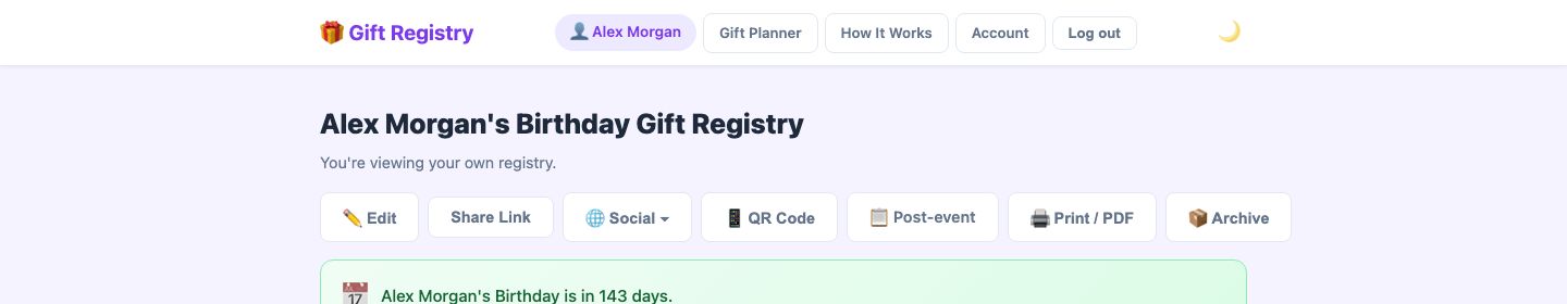 Registry owner toolbar showing the Print / PDF button alongside other actions