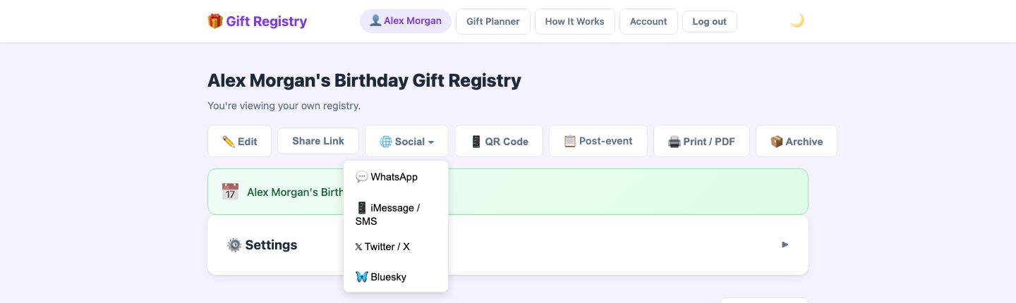 Registry owner toolbar with Social dropdown open showing WhatsApp, iMessage/SMS, Twitter/X, and Bluesky options